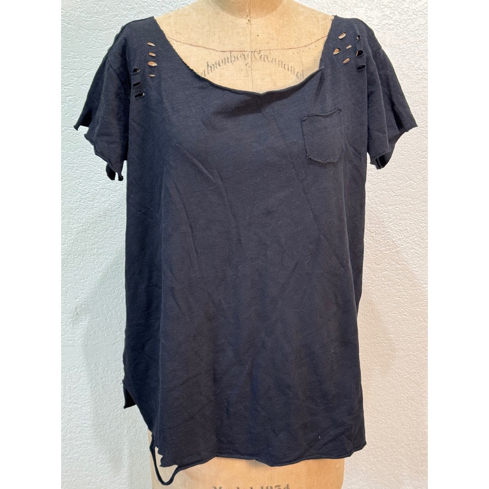 A Rare Bird Womens Black Distressed Pocket T-Shirt L/XL Handmade Cotton Tee NWT